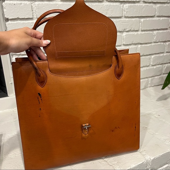 RALPH LAUREN COLLECTION structured tan burnished leather old money tote bag - Picture 8 of 12